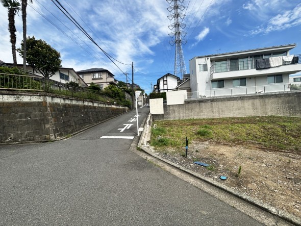 前面道路含む現地写真。角地で日当りも良い土地です。