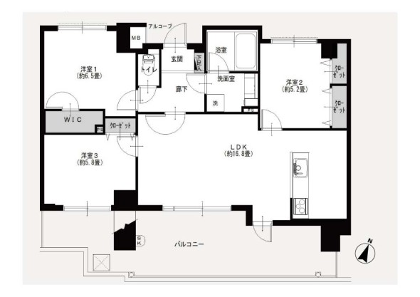 間取り【間取図バルコニー南向きにあり、陽当たり良好です。
