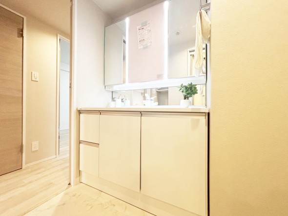 十分な大きさの洗面台は、身だしなみチェックや歯磨きなど、朝の慌ただしい時間でも余裕とゆとりを感じて頂けます。