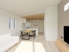 本パースは、イメージ図につき、風景、建物、植栽などについては施工後の現物との差異が生じます。  車、食器棚、ウッドデッキ、家具、