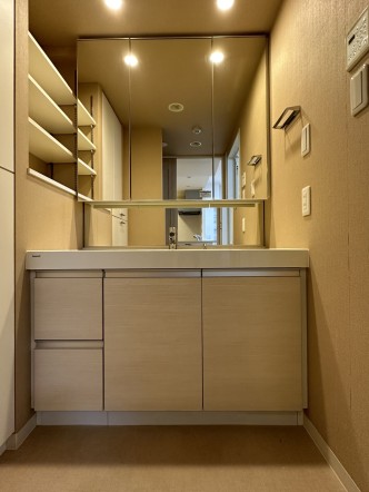 十分な大きさの洗面台は、身だしなみチェックや歯磨きなど、朝の慌ただしい時間でも余裕とゆとりを感じて頂けます。
